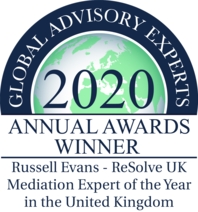 Logo: 'Global Advisory Experts 2020' written over half globe featuring Europe. Text underneath: 'Annual Awards Winner, Russell Evans - ReSolve Uk, Mediation expert of the Year in the United Kingdom'